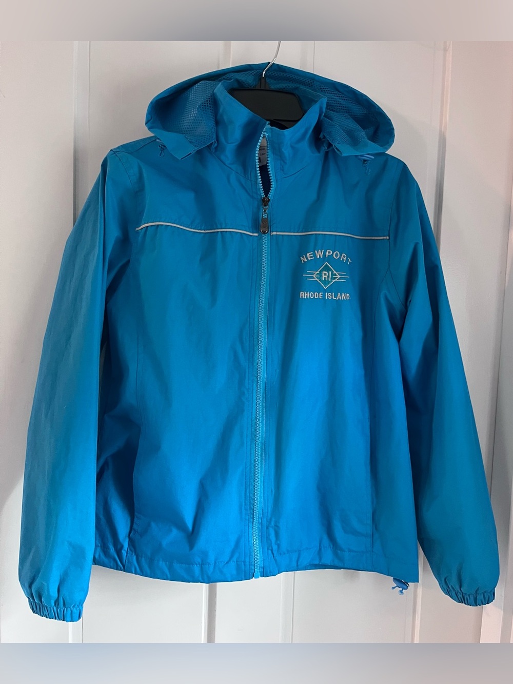 Teal Blue Hooded Newport RI Windbreaker Rain Jacket Shell Size M